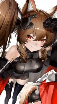 1girl absurdres alternate_breast_size_(larger) angelina_(arknights) animal_ear_fluff animal_ears aoi_wakashi_chiyo arknights arknights:_endfield bare_shoulders bike_shorts bike_shorts_under_skirt black_gloves black_thighhighs breasts brown_hair clothing_cutout coat colored_inner_animal_ears commentary_request dress fox_ears fox_girl fox_tail gilberta_(arknights) gloves grey_dress hair_between_eyes hand_on_own_head headpiece high_collar highres impossible_clothes impossible_dress large_breasts long_hair long_sidelocks looking_at_viewer multiple_views off_shoulder open_clothes open_coat red_coat red_eyes shiny_clothes short_dress sidelocks simple_background skindentation smile tail tail_through_clothes thighhighs twintails white_background zettai_ryouiki