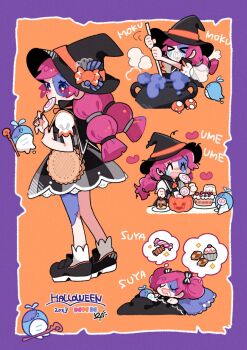 Rule 34 | > <, 1girl, 2023, bag, black bow, black dress, black hat, black shoes, border, bow, cake, candy, cauldron, checkerboard cookie, clenched teeth, closed eyes, commentary, cookie, creature, cupcake, dress, food, full body, hair bow, hat, hat ornament, heart, highres, holding, holding candy, holding food, holding lollipop, jack-o'-lantern, lollipop, long hair, lying, mage staff, multiple views, mushroom, nagino nichiko, on back, open mouth, orange background, original, pillow, pink hair, pudding, purple border, red eyes, romaji text, shoes, short sleeves, shoulder bag, socks, sparkle, speech bubble, staff, stirring, stitched face, stitched leg, stitches, striped clothes, striped dress, swirl lollipop, symbol-only commentary, tearing up, teeth, thought bubble, twintails, under covers, white socks, witch hat, wrapped candy