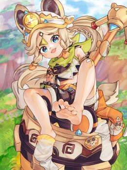 animal_ears bandaid bandaid_on_leg bare_legs bare_shoulders barefoot blonde_hair blue_eyes blush bodypaint braid chaosexceed dot_nose forehead genshin_impact gloves hat highres kachina_(genshin_impact) midriff_peek neckerchief open_mouth ponytail removing_sock shorts single_sock_removed sitting smile sock_dangle socks soles tail toes