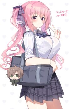 >:) 1girl :| absurdres alternate_costume anneliese bag black_skirt blue_bow blue_bowtie blush bow bowtie breasts brown_hair character_doll closed_mouth collared_shirt commentary cowboy_shot doll floating_hair green_eyes hair_between_eyes hair_bow hand_up heart highres jitome kimagure_temptation large_breasts long_hair long_sleeves looking_at_viewer miniskirt pink_hair plaid_bow plaid_bowtie plaid_clothes plaid_skirt pleated_skirt purple_bow purple_eyes school_uniform shirt short_hair shoulder_bag sidelocks simple_background skirt sleeves_rolled_up smile smug solo spiked_hair split_mouth takepoison tatsumi_haruhisa translation_request twintails v v-shaped_eyebrows very_long_hair white_background white_shirt