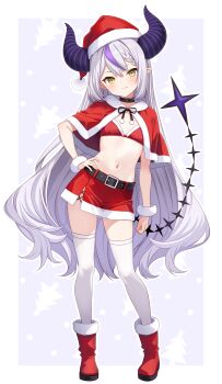 1girl absurdres alternate_costume belt bikini black_belt blush boots border braid capelet christmas closed_mouth commentary_request demon_girl demon_horns double-parted_bangs flat_chest full_body fur-trimmed_boots fur-trimmed_capelet fur-trimmed_headwear fur-trimmed_skirt fur_trim grey_hair hand_on_own_hip hat highres hololive horns la+_darknesss looking_at_viewer midriff miniskirt multicolored_hair navel outline outside_border pleated_skirt pointy_ears purple_background purple_hair purple_horns red_boots red_capelet red_hat red_skirt santa_bikini santa_costume santa_hat sidelocks skirt smile solo standing streaked_hair striped_horns swimsuit thighhighs toketa-sekai two-tone_hair virtual_youtuber white_border white_outline white_thighhighs yellow_eyes zettai_ryouiki