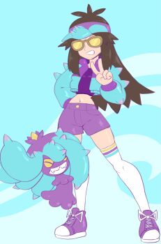 Rule 34 | 1girl, alternate costume, aqua hat, aqua jacket, brown hair, gen 7 pokemon, grin, hat, highres, jacket, leaf (pokemon), long hair, looking at viewer, mareanie, multicolored jacket, nintendo, open clothes, open jacket, pokemon, pokemon (creature), pokemon frlg, pokemon go, purple hat, purple jacket, purple shoes, purple shorts, shoes, short shorts, shorts, skitterleaf, smile, spikes, sunglasses, thighhighs, tinted eyewear, two-tone hat, two-tone jacket, v, visor cap, white shoes, white thighhighs, yellow-tinted eyewear