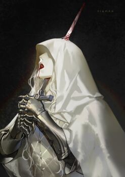 1girl absurdres apostle2408 arm_guards armor blood blood_from_mouth clenched_hand cloak coat commentary highres holding holding_sword holding_weapon hood hooded_cloak impaled long_hair object_through_head open_mouth original partially_shaded_face solo suicide sword sword_in_head weapon white_coat white_hair