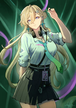 1girl absurdres aqua_necktie black_skirt blonde_hair braid braided_bangs breasts chucky_(chucky1000sun) collarbone commentary_request earrings hair_between_eyes hair_ornament hand_up headphones headphones_around_neck highres id_card jewelry long_hair lynae_(wuthering_waves) medium_breasts necklace necktie parted_lips purple_eyes shirt shirt_tucked_in signature skirt skull_hair_ornament solo star_(symbol) star_earrings thighs very_long_hair white_shirt wuthering_waves