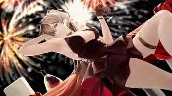 1girl absurdres aerial_fireworks armpits azur_lane bare_shoulders blurry blurry_background breasts brown_dress brown_gloves brown_hair center_opening cleavage cocktail_dress commentary dress english_commentary evening_gown fireworks from_below gloves gold_choker hair_between_eyes half_gloves halter_dress halterneck hand_in_own_hair high_ponytail highres jean_bart_(azur_lane) jean_bart_(uninhibited_bloodstone)_(azur_lane) large_breasts looking_at_viewer night official_alternate_costume ponytail purple_eyes scarfpen01 sideless_dress single_half_glove