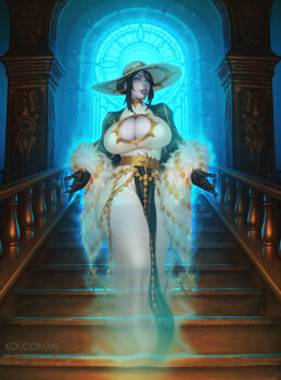 1girl arch artist_name blue_eyes breasts cleavage_cutout clothing_cutout colored_skin commentary dress english_commentary ghost gloves grey_skin hair_bun hat highres huge_breasts indoors lips long_hair looking_at_viewer magic:_the_gathering orzhov_syndicate parted_lips smile solo stairs sun_hat teysa_karlov xoi