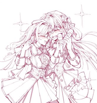 Rule 34 | 2girls, :d, ^ ^, blush, bow, bowtie, center frills, ceras yanagida lilienfeld, closed eyes, collared shirt, commentary, cowboy shot, frilled shirt, frills, highres, holding, holding microphone, jacket, katsuragi izumi, link! like! love live!, love live!, microphone, miniskirt, monochrome, multiple girls, necktie, official alternate costume, open clothes, open jacket, open mouth, pleated skirt, profile, red theme, shirt, skirt, smile, sparkle, striped bow, striped bowtie, striped clothes, symbol-only commentary, theater ikizama, three-quarter sleeves, virtual youtuber, yrxy settingsun