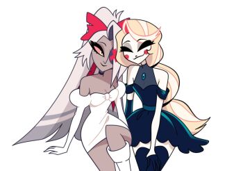 2girls alien_stage black_dress black_gloves blonde_hair blush_stickers charlie_morningstar closed_eyes clothing_cutout colored_sclera colored_skin commentary cosplay dress elbow_gloves english_commentary gloves grey_hair grey_skin hair_over_one_eye half_gloves hazbin_hotel hellaverse juliet_sleeves kyuxie long_hair long_sleeves mizi_(alien_stage) mizi_(alien_stage)_(cosplay) multiple_girls off-shoulder_dress off_shoulder pink_sclera puffy_sleeves shoulder_cutout sitting sua_(alien_stage) sua_(alien_stage)_(cosplay) vaggie very_long_hair white_dress white_gloves white_skin yellow_eyes