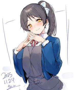 1girl birthday black_hair blush breasts commentary dated gengoroh hair_ribbon hazuki_ren high_ponytail highres large_breasts love_live! love_live!_superstar!! ponytail ribbon school_uniform solo upper_body white_background yellow_eyes yuigaoka_school_uniform