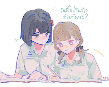 2girls alternate_universe black_hair black_ribbon blunt_bangs blunt_ends bob_cut braid breast_pocket brown_hair center-flap_bangs collared_shirt commentary dress_shirt green_eyes hair_ribbon highres holding holding_pencil kachimachi_kosuzu link!_like!_love_live! love_live! low_twintails mechanical_pencil momose_ginko multiple_girls pencil pink_eyes pipi_(m1x_mix) pocket ribbon school_uniform shirt short_hair side_braids simple_background star_pin thai_school_uniform thai_text translation_request twintails virtual_youtuber white_background white_shirt