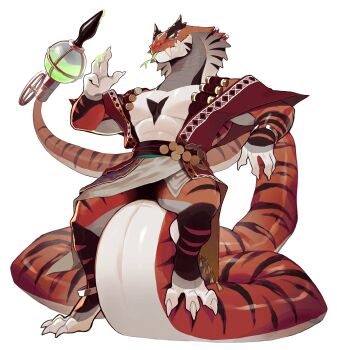 1boy abs another_eidos-r arabian_clothes bara claws colored_sclera colored_tongue fangs full_body furry furry_male green_sclera green_tongue hamamsh_(another_eidos) highres k0bit0wani large_pectorals large_tail looking_down male_focus official_art pectorals poison snake_boy snake_tail solo tachi-e tail tongue tongue_out transparent_background