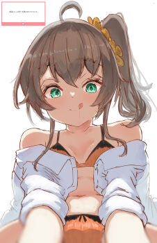 1girl absurdres ahoge blue_eyes bra breasts brown_hair closed_mouth highres hololive looking_at_viewer medium_hair natsuiro_matsuri natsuiro_matsuri_(matsuri's_day_off) official_alternate_costume one_side_up panties scrunchie shirt small_breasts smile solo tazrn1 tongue tongue_out underwear virtual_youtuber white_shirt yellow_bra yellow_panties yellow_scrunchie