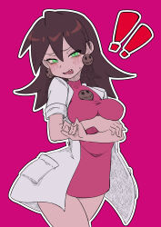 Rule 34 | !, !!, 1girl, absurdres, arms under breasts, breasts, brown hair, buzzlyears, coat, commentary, covered collarbone, dress, earrings, fang, glowing, glowing eyes, green eyes, highres, jewelry, lab coat, medium breasts, medium hair, mega man (series), mega man legends (series), pink background, pink dress, simple background, solo, tron bonne (mega man)
