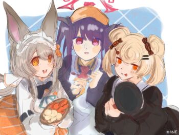 3girls :d :p animal_ears apron arknights artist_name black_dress blonde_hair blue_archive blush_stickers closed_mouth dress food frying_pan fuuka_(blue_archive) grey_hair group_picture gummy_(arknights) halo holding holding_food holding_frying_pan horns jacket kanesty long_hair long_sleeves looking_at_viewer multiple_girls open_mouth orange_eyes pink_halo purple_eyes purple_hair ribbon short_hair signature smile tongue tongue_out warmy_(arknights) white_apron