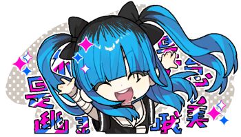 Rule 34 | 1girl, :d, ^ ^, amemiya darumi, arms up, black bow, blue hair, bow, chibi, chibi only, chinese commentary, closed eyes, commentary request, facepaint, facing viewer, hair bow, long hair, multicolored hair, open mouth, pnjiy4146271096, portrait, roots (hair), smile, solo, teeth, the hundred line -last defense academy-, translation request, two side up, upper teeth only, white background