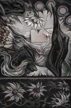 1girl ascot blood blood_on_clothes blood_stain bloodborne border bow closed_eyes floral_background flower from_side hair_bow hat hat_feather high_collar highres holding holding_flower jacket lady_maria_of_the_astral_clocktower ornate_border ponytail portrait qwt00tt short_hair solo spot_color tricorne white_ascot