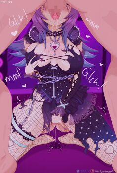 1girl artist_name black_choker black_dress blue_hair breasts censored chain choker clothing_cutout cottontail_(vtuber) dress eyes_out_of_frame fellatio female_masturbation fishnet_pantyhose fishnets grabbing_own_breast gradient_hair head_out_of_frame heart heart_cutout hedgehogs4hent1 highres indie_virtual_youtuber large_breasts long_hair long_sleeves makeup masturbation mosaic_censoring multicolored_hair oral pantyhose patreon_username pixiv_username purple_hair purple_nails pussy_juice runny_makeup saliva tongue virtual_youtuber