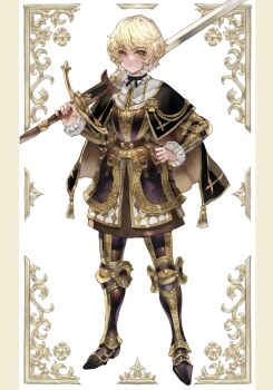 Rule 34 | belt, blonde hair, border, brown border, capelet, full body, hair ornament, highres, holding, holding sword, holding weapon, knight, long sword, looking at viewer, nrcgray, over shoulder, sword, weapon, weapon over shoulder