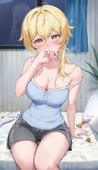 2girls ? aphrodisiac arm_support ayaka_(genshin_impact) bare_arms bare_shoulders bed_sheet black_shorts blonde_hair blue_camisole blush breasts camisole cleavage commentary covering_own_mouth genshin_impact hair_flaps heart heart-shaped_pupils heavy_breathing highres indoors large_breasts looking_at_viewer love_potion lumine_(genshin_impact) mayuma_(mayuma_0715) multiple_girls on_bed pillow plant short_hair_with_long_locks shorts sitting solo_focus strap_slip symbol-only_commentary symbol-shaped_pupils yellow_eyes