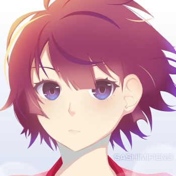 Rule 34 | 1girl, artist name, blue eyes, blush, closed mouth, collared shirt, expressionless, hair between eyes, highres, looking at viewer, monogatari (series), naoetsu high school uniform, portrait, purple hair, sashimifiend, school uniform, senjougahara hitagi, shirt, short hair, solo