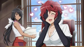 2girls breasts cleavage dungeon_ni_deai_wo_motomeru_no_wa_machigatteiru_darou_ka eyepatch hephaistos_(danmachi) multiple_girls official_art red_hair source_request