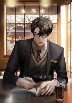 1boy alternate_costume artist_self-insert bare_tree black_coat black_eyes black_hair black_suit black_vest blackbox_(blackbox9158) blurry blurry_foreground book ceiling_light chair coat cup curtained_hair drinking_straw formal_clothes glass glasses highres holding holding_book holding_pen indoors looking_at_viewer male_focus name_tag necktie night omniscient_reader's_viewpoint open_book pen pencil_case shirt short_hair sitting soda solo striped_necktie suit table tree upper_body variant_set vest white_shirt window winter writing yoo_joonghyuk