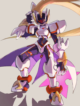 1boy absurdres adapted_costume android armor black_bodysuit blonde_hair bodysuit commentary_request highres long_hair male_focus mega_man_(series) mega_man_zero_(series) mega_man_zero_3 neon_trim omega_(mega_man) omochi_(mochi_skymega) power_armor shoulder_armor sword sword_on_back weapon weapon_on_back white_armor