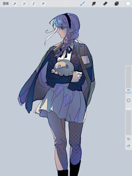 1girl animalization aotsuki_eito art_program_in_frame black_boots black_hairband black_jacket black_ribbon blue_eyes boots braid chinese_commentary closed_mouth collared_shirt commentary_request feet_out_of_frame grey_background grey_jacket grey_pantyhose hair_ornament hairband hairclip highres jacket jacket_on_shoulders kirifuji_nozomi kurenaikiyumi long_hair long_sleeves miniskirt mole mole_under_eye neck_ribbon octopus open_clothes open_jacket pantyhose pleated_skirt procreate_(medium) procreate_(software) purple_hair ribbon shirt side_braid simple_background single_braid skirt the_hundred_line_-last_defense_academy- white_shirt white_skirt