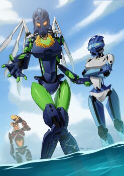 1boy 2girls absurdres assault_visor bionicle burns5 cloud commentary english_commentary frisbee gali_(bionicle) glowing glowing_eyes hahli_(bionicle) highres holding humanoid_robot jaller_(bionicle) looking_at_viewer mechanical_wings multiple_girls orange_eyes outstretched_arm robot sky the_lego_group water wings yellow_eyes
