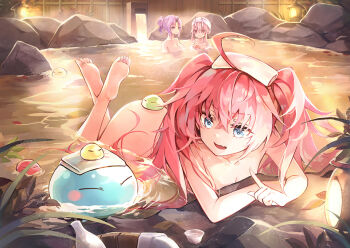 1other 3girls ahoge ass barefoot bathing black_horns blue_eyes blush_stickers breasts bucket chinese_commentary cleavage commentary_request completely_nude crossed_bangs cup fang feet hair_between_eyes hair_up holding horns huge_ahoge index_finger_raised lantern large_breasts light_purple_hair long_hair looking_at_another lying milim_nava miya_(zawarudo) multiple_girls nude on_ass on_stomach onsen open_mouth partial_commentary partially_submerged pink_eyes pink_hair purple_eyes rimuru_tempest rock shion_(tensura) shuna_(tensura) single_horn skin_fang slime_(creature) small_breasts smile soles steam tensei_shitara_slime_datta_ken the_pose toes towel towel_on_head twintails very_long_hair water waterfall white_horns