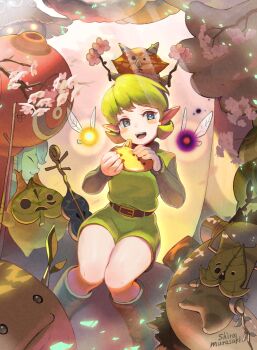 artist_name blue_eyes commentary fairy fairy_wings flower great_deku_sprout green_hair highres holding_ocarina instrument korok leaf nintendo ocarina pointy_ears saria_(zelda) shiro_murasaki short_hair skull_kid tael tatl the_legend_of_zelda the_legend_of_zelda:_ocarina_of_time wings