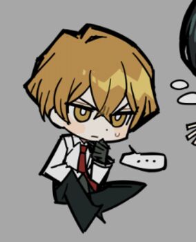 Rule 34 | ..., 1boy, 1other, black gloves, black pants, blonde hair, closed mouth, collared shirt, commentary, dated commentary, gloves, grey background, limbus company, lowres, necktie, out of frame, pants, project moon, red necktie, shirt, simple background, sinclair (project moon), sitting, speech bubble, spoken ellipsis, sweat, symbol-only commentary, white shirt, yellow eyes