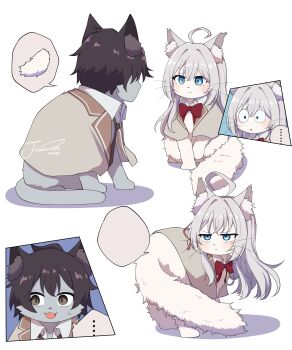 ... absurdres ahoge alisa_mikhailovna_kujou animal animal_ear_fluff animalization black_hair blank_speech_bubble blue_eyes bow bowtie brown_eyes cat closed_mouth clothed_animal commentary grey_hair highres inset j_humbo kuze_masachika long_hair no_humans open_mouth red_bow red_bowtie school_uniform seiren_academy_school_uniform short_hair signature speech_bubble spoken_ellipsis spoken_object symbol-only_commentary tokidoki_bosotto_roshia-go_de_dereru_tonari_no_alya-san white_background