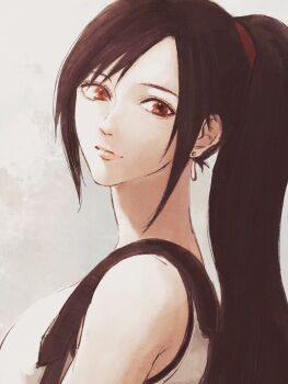 1girl alternate_hairstyle bare_shoulders black_hair breasts closed_mouth commentary earrings final_fantasy final_fantasy_vii final_fantasy_vii_remake from_side grey_background high_ponytail highres ie07x7uxz8macej jewelry large_breasts lipgloss lips long_hair looking_at_viewer pink_lips ponytail red_eyes solo suspenders tank_top teardrop_earrings tifa_lockhart upper_body white_tank_top