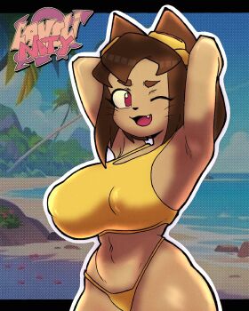 1girl :d ;d armpits arms_behind_head arms_up beach bikini breasts brown_hair canelynati commentary_request covered_erect_nipples curvy eyewear_on_head fang gameoverse goggles goggles_on_head highleg highleg_bikini highres kit_bodega large_breasts navel one_eye_closed open_mouth outdoors outline red_eyes short_eyebrows short_hair signature smile solo spanish_commentary swimsuit thong thong_bikini whiskers white_outline wide_hips yellow_bikini