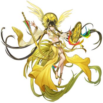 1girl absurdly_long_hair anklet anonymous_(yu-gi-oh!) asymmetrical_sleeves black_hair breasts detached_sleeves duel_monster earrings feathers floating floating_object floating_sword floating_weapon full_body game_cg halo highres jewelry long_hair looking_at_viewer medium_breasts midriff navel non-web_source official_art ohime_the_manifested_mikanko see-through_clothes see-through_sleeves simple_background solo stitched sword thighlet third-party_edit transparent_background twintails very_long_hair weapon wide_sleeves yellow_eyes yellow_feathers yu-gi-oh! yu-gi-oh!_master_duel