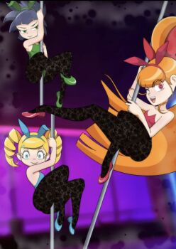3girls black_hair blonde_hair blossom_(ppg) blue_eyes blue_leotard breasts bubbles_(ppg) buttercup_(ppg) green_eyes green_leotard highres leotard loli multiple_girls one_eye_closed orange_hair pole pole_dancing powerpuff_girls powerpuff_girls_z rabbit_ears red_eyes red_leotard small_breasts smile smirk stripper_pole thighhighs valker wink
