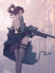 Rule 34 | 1girl, absurdres, asymmetrical legwear, bare back, bare shoulders, black pantyhose, black thighhighs, blurry, blurry background, bright pupils, commentary request, eyebrow cut, feet out of frame, from behind, gun, high ponytail, highres, holding, holding gun, holding weapon, huixing chloy, humanization, legs together, m6 heavy tank, mechanical arms, medium hair, mismatched legwear, off shoulder, original, pantyhose, photoshop (medium), pouch, profile, prosthesis, prosthetic arm, purple hair, radio antenna, red eyes, single leg pantyhose, single mechanical arm, single thighhigh, solo, standing, thigh pouch, thighhighs, weapon, world of tanks