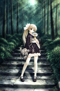 1girl absurdres black_kimono blonde_hair brown_eyes folding_fan forest francascofeng frilled_kimono frills full_body hand_fan highres japanese_clothes kasugano_sora kimono light_rays lolita_fashion looking_at_viewer mary_janes nature ponytail shoes short_kimono smile solo stuffed_animal stuffed_rabbit stuffed_toy summer sunlight thighhighs wa_lolita white_thighhighs yosuga_no_sora yukata zettai_ryouiki