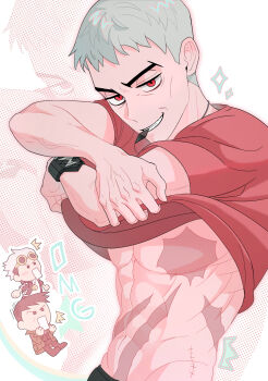 3boys bracelet cheekbones chibi getthegoni grey_hair grin guzma_(pokemon) highres jewelry looker_(pokemon) male_focus multiple_boys nanu_(pokemon) nintendo pokemon pokemon_sm red_eyes red_shirt scar scar_on_chest scar_on_stomach shirt short_hair short_sleeves smile sparkle surprised underpec undressing v-shaped_eyebrows white_background