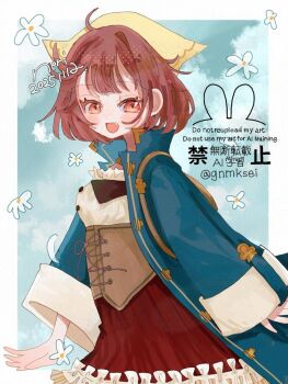 1girl :d artist_name atelier_(series) atelier_sophie blue_jacket border brown_corset brown_eyes commentary_request corset dated dress han_(hn-khk) headscarf jacket looking_at_viewer open_clothes open_jacket open_mouth outside_border red_hair smile solo sophie_neuenmuller standing watermark white_border yellow_headscarf