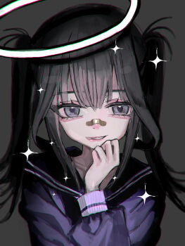 1girl absurdres bandaid bandaid_on_face bandaid_on_nose black_hair black_sailor_collar grey_background grey_eyes halo hand_up hayu_(hayu0305) highres long_hair looking_at_viewer original purple_shirt sailor_collar shirt solo sparkle twintails upper_body