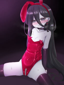 1girl animal_ears black_hair chabatake_yunomi chuugoku_usagi commentary_request crotch_zipper elbow_gloves embarrassed fake_animal_ears gloves grey_eyes heart_pasties highres leotard loli long_hair looking_at_viewer oversized_breast_cup pale_skin pasties playboy_bunny rabbit_ears red_leotard sitting solo spread_legs sweat thighhighs very_long_hair voicevox zipper_leotard