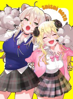Rule 34 | 2girls, absurdres, ahoge, alternate costume, animal ear fluff, animal ears, animal hands, arm around waist, blonde hair, border, bow, breasts, character name, choker, closed eyes, collared shirt, commentary request, drooling, facing viewer, fang, fangs, gloves, green eyes, grey hair, hair between eyes, hair ornament, hairclip, hands up, highres, hololive, horns, jacket, large breasts, lion ears, lion girl, long hair, looking at another, multiple girls, ohmamushi, open clothes, open jacket, open mouth, outside border, paw gloves, pink jacket, plaid clothes, plaid skirt, pleated skirt, school uniform, sheep ears, sheep girl, sheep horns, shirt, shishiro botan, side-by-side, skin fang, skirt, smile, teeth, tsunomaki watame, upper teeth only, virtual youtuber, white background, white shirt, yellow border