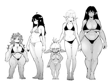 Rule 34 | 5girls, abs, ahoge, bikini, body freckles, breast freckles, breasts, chest hair, closed mouth, commentary, dwarf, elf, english commentary, female goblin, female orc, freckles, goblin, greyscale, hatching (texture), height difference, highres, huge breasts, large breasts, linear hatching, lineup, long hair, looking at viewer, miregeist, monochrome, multiple girls, muscular, muscular female, open mouth, orc, original, pointy ears, short hair, shortstack, simple background, small breasts, standing, swimsuit, tusks, white background
