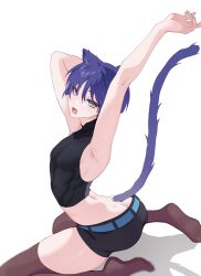 Rule 34 | 1boy, absurdres, animal ears, armpits, arms up, ass, back, black shorts, blue eyes, brown thighhighs, cat boy, cat ears, cat tail, chobonu, crop top, feet, genshin impact, hair between eyes, highres, looking at viewer, male focus, open mouth, purple hair, scaramouche (genshin impact), short hair, shorts, solo, tail, thighhighs, toes, trap, white background