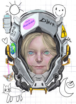 1girl aqua_eyes blonde_hair character_name closed_mouth commentary cropped_head diana_(pragmata) english_commentary grid_background hadz_art heart heart_in_eye helmet highres lips looking_at_viewer pragmata solo space_helmet star_(symbol) star_in_eye symbol_in_eye white_background