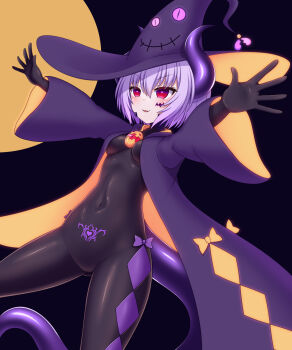 1girl :3 argyle_clothes bodysuit breasts cameltoe covered_navel demon_girl demon_horns entenca hat heart heart-shaped_pupils highres horns impossible_bodysuit impossible_clothes non-pubic_inmon original pubic_tattoo pubic_tattoo_through_clothing purple_hair red_eyes skin_tight small_breasts smile solo symbol-shaped_pupils tattoo twintails wide_sleeves witch_hat