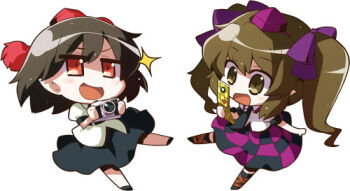 2girls akaneya black_hair bow brown_hair camera camera_phone cellphone chibi female_focus hair_bow hat hat_ribbon himekaidou_hatate long_hair lowres multiple_girls necktie open_mouth phone red_eyes ribbon shameimaru_aya shirt short_hair short_sleeves skirt smile sparkle tokin_hat touhou twintails