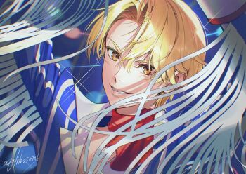 1boy akua blonde_hair blue_background blue_jacket brown_eyes commentary himuro_hijiri jacket king_of_prism long_sleeves looking_at_viewer male_focus parted_bangs pretty_rhythm pretty_series red_scarf scarf short_hair smile solo sparkle striped_clothes striped_jacket symbol-only_commentary upper_body vertical-striped_clothes vertical-striped_jacket